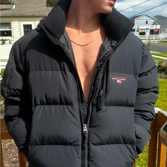 Vintage 1990s Ralph Lauren Polo Sport Black Down Puffer Coat Jacket Size XL